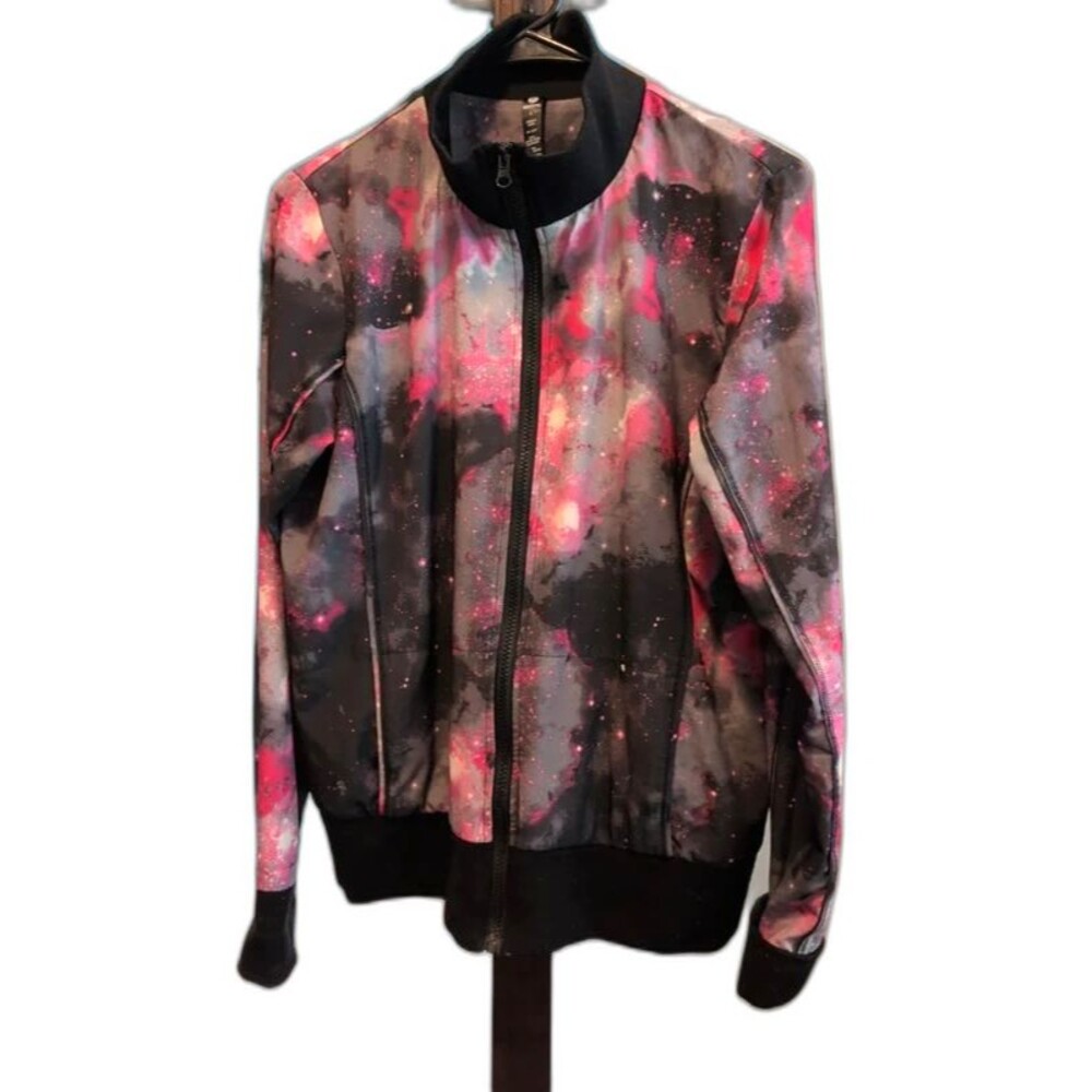 90 Degree by Reflex Galaxy Print Zip-Up Jacket Pink & Purple Space Nebula Bomber